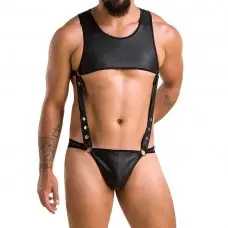 Мужское кожаное боди Passion 056 ADAM L/XL Black, заклепки