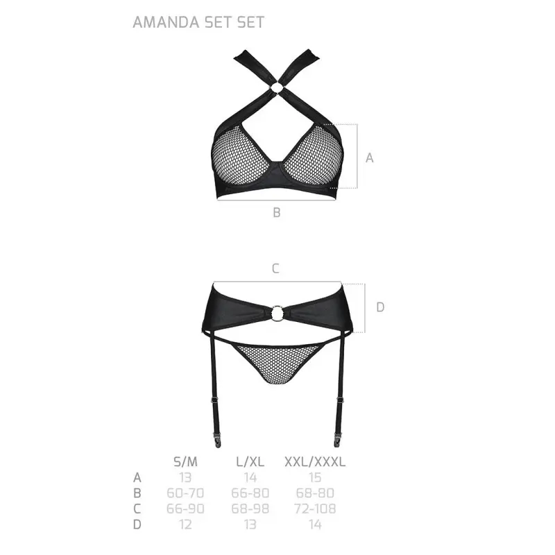 Сетчатый набор, бюстгальтер с халтером, трусики и пояс для чулок AMANDA SET S/M, black