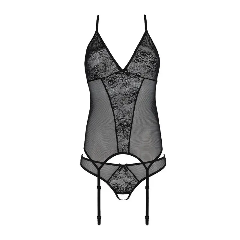 Корсет с пажами, трусики с ажурным декором и открытым шагом Passion URSULA CORSET S/M, black