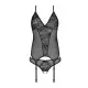 Корсет с пажами, трусики с ажурным декором и открытым шагом Passion URSULA CORSET S/M, black