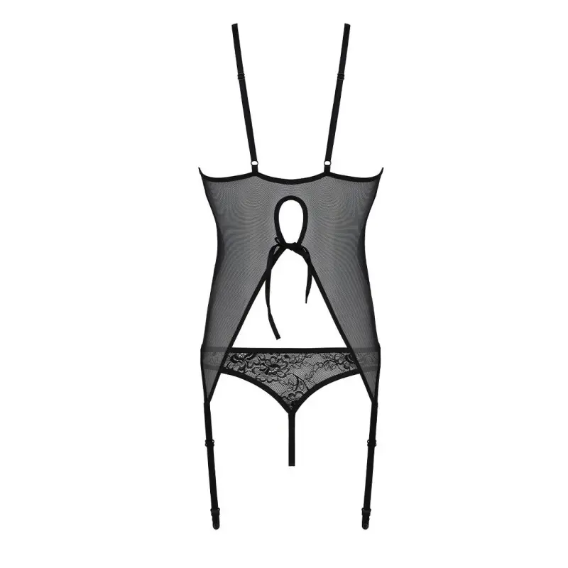 Корсет с пажами, трусики с ажурным декором и открытым шагом Passion URSULA CORSET S/M, black