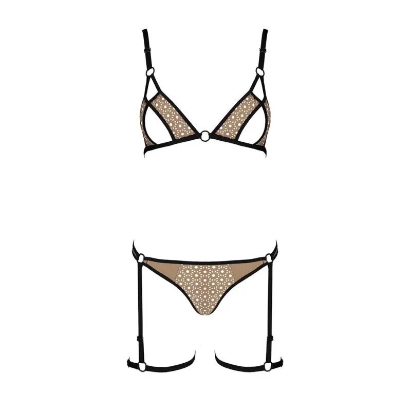 Эротический комплект нижнего белья Passion GABI SET L/XL beige, трусики с гартерами