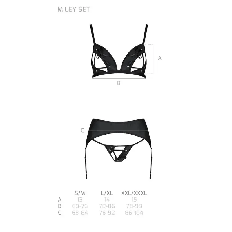 Комплект из эко-кожи Passion MILEY SET S/M, black, трусики, бюстгальтер, пояс для чулок