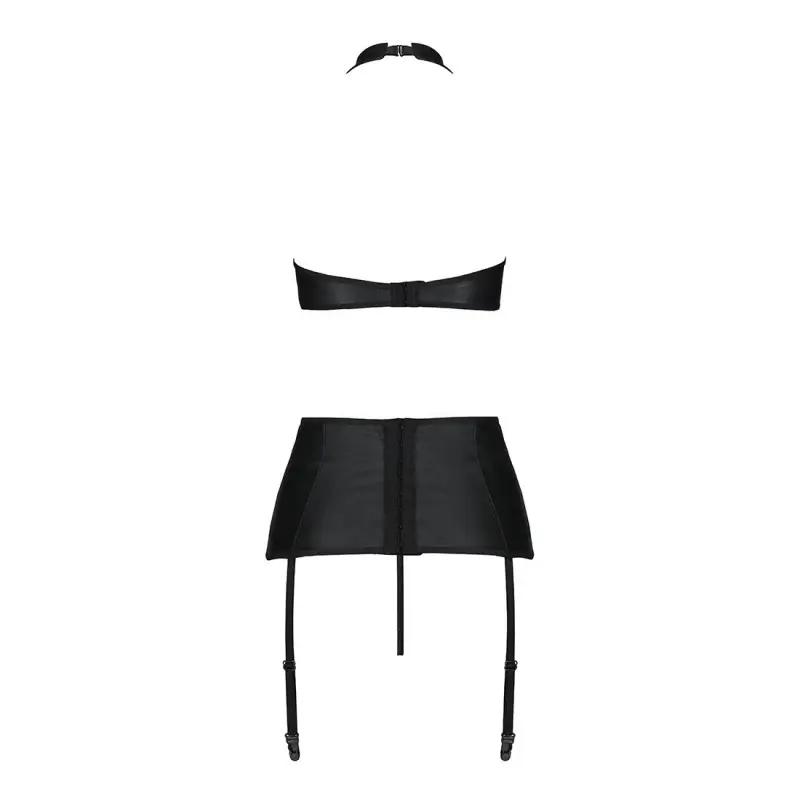 Комплект из эко-кожи с имитацией шнуровки Passion NANCY SET L/XL black, топ, трусики, пояс для чулок