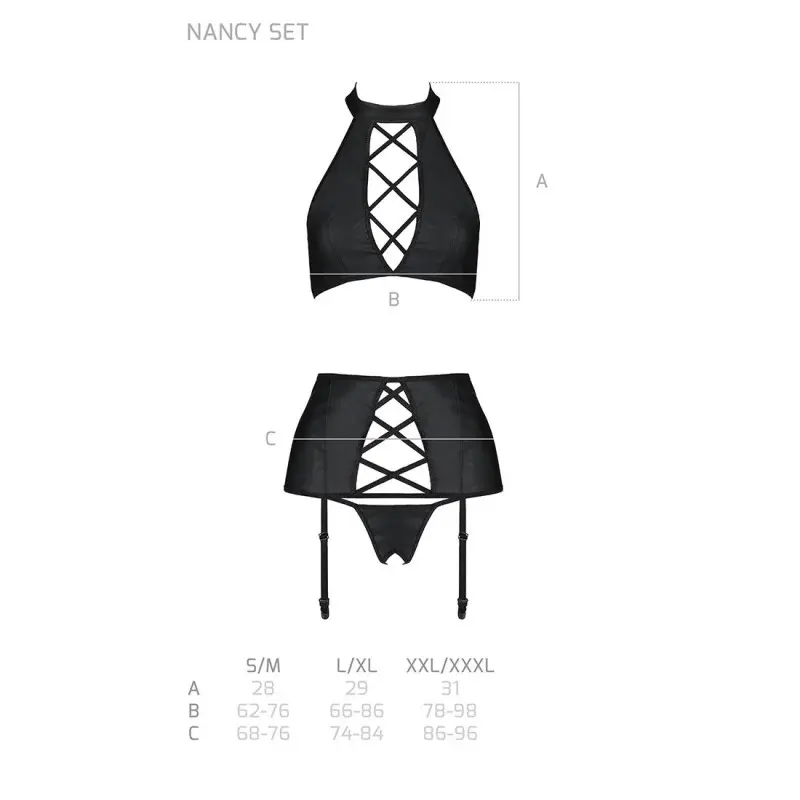 Комплект из эко-кожи с имитацией шнуровки Passion NANCY SET L/XL black, топ, трусики, пояс для чулок