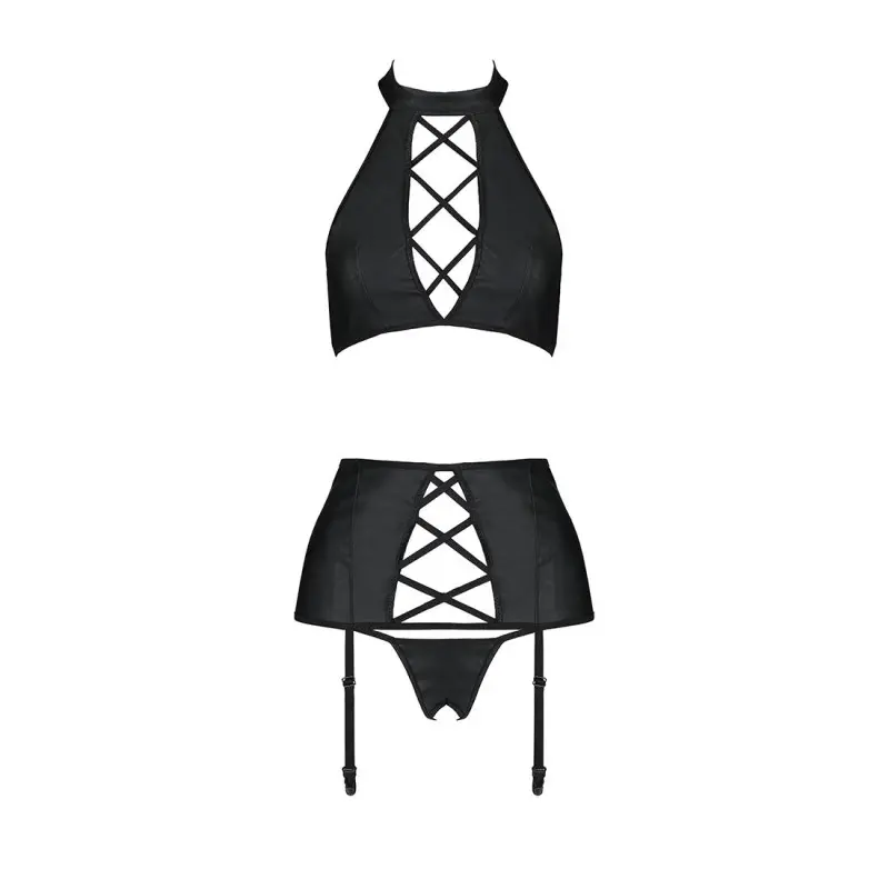Комплект из эко-кожи с имитацией шнуровки Passion NANCY SET L/XL black, топ, трусики, пояс для чулок