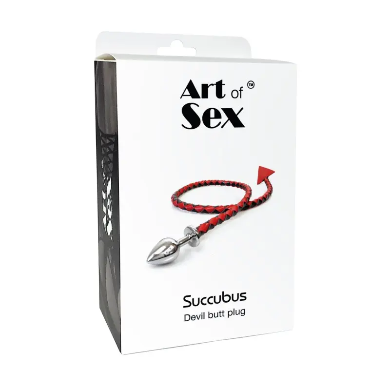 Металлическая анальная пробка M с дьявольским хвостом Art of Sex - Succubus, экокожа, черный/красный