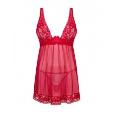 Прозрачная сорочка бэби-долл Obsessive Lacelove babydoll & thong M/L Red, кружево, стринги