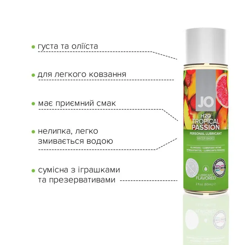 Смазка на водной основе JO H2O — Tropical Passion (60 мл) без сахара, растительный глицерин