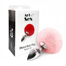 Металевий анальний затор М Art of Sex - Metal Butt plug Rabbit Tail, Ніжно-рожевий