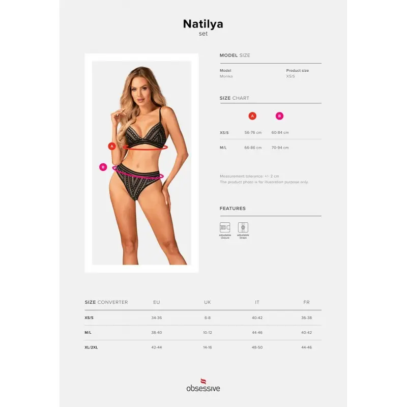 Комплект белья Obsessive Natilya 2-pcs set XS/S, black, бюстгальтер, трусики