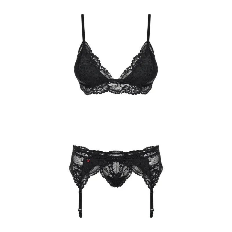 Кружевной комплект белья Obsessive 810-SEG-1 S/M Black, бюстгальтер, стринги, пояс для чулок