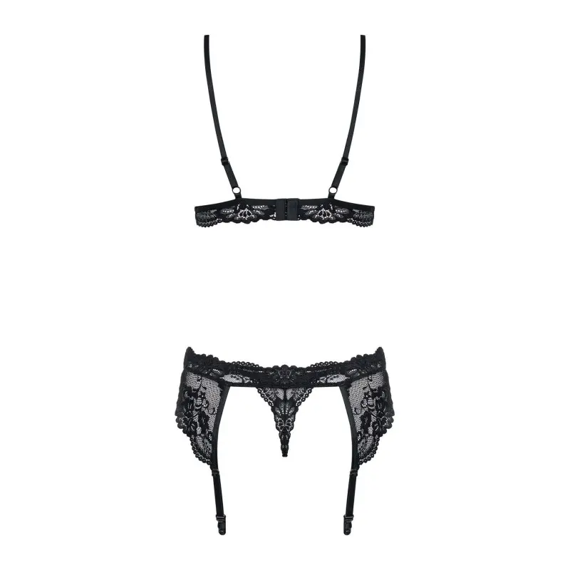 Кружевной комплект белья Obsessive 810-SEG-1 S/M Black, бюстгальтер, стринги, пояс для чулок