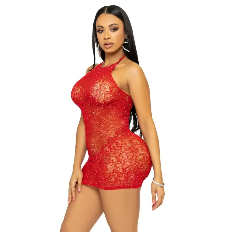 Платье-сетка со стразами Leg Avenue Rhinestone halter mini dress Red, открытая спина, one size