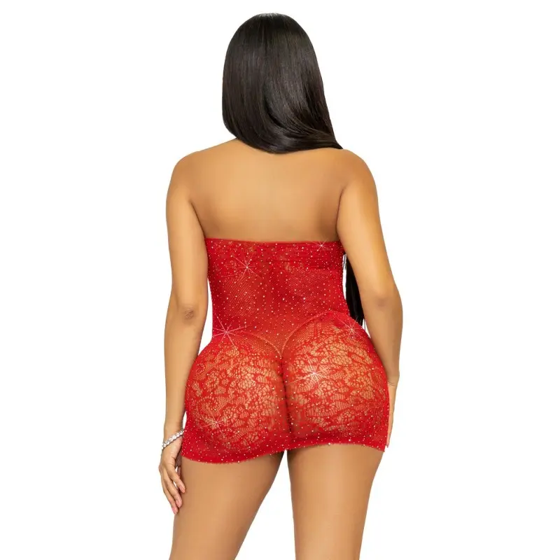 Платье-сетка со стразами Leg Avenue Rhinestone halter mini dress Red, открытая спина, one size