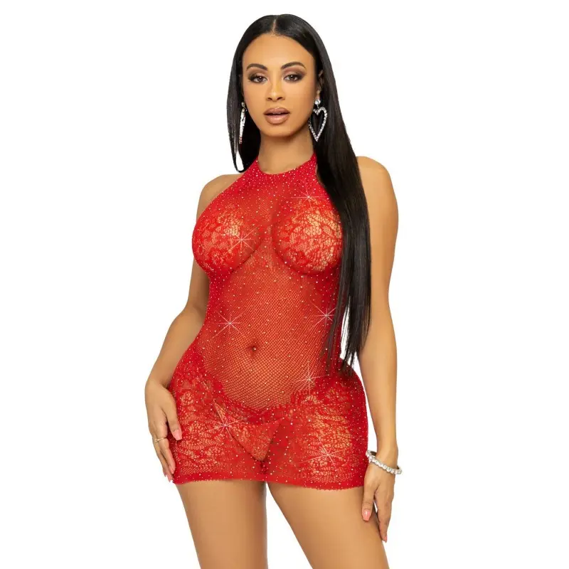 Платье-сетка со стразами Leg Avenue Rhinestone halter mini dress Red, открытая спина, one size