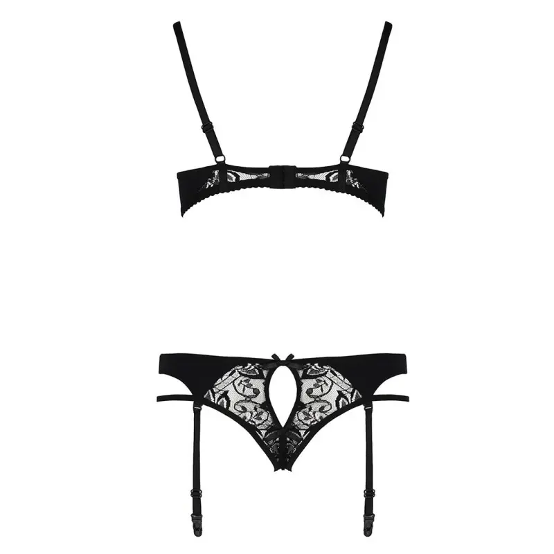 Комплект белья Passion PAULINE SET S/M, black, стрэпы, лиф, стринги и пояс для чулок