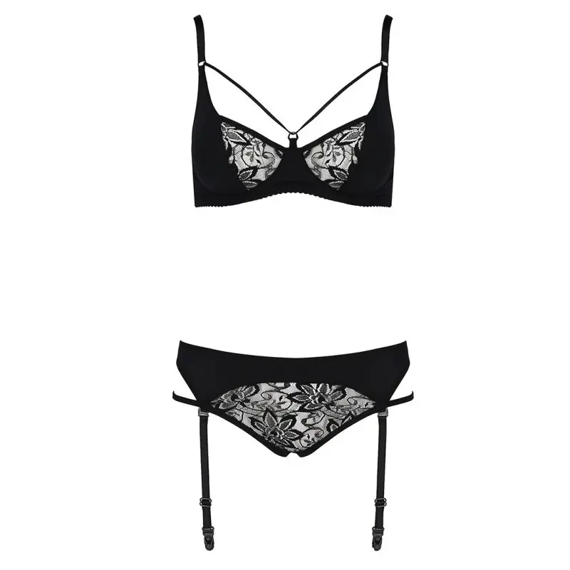 Комплект белья Passion PAULINE SET S/M, black, стрэпы, лиф, стринги и пояс для чулок