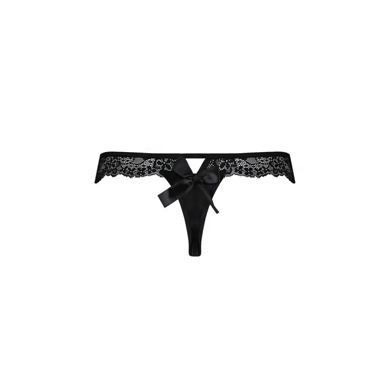 Кружевные трусики-танга с атласным бантиком Passion NAJA THONG S/M, black