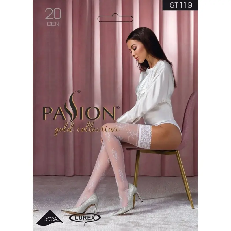 Чулки Passion ST119 5 white, на ажурной силиконовой резинке, с цветочным декором и люрексовой нитью