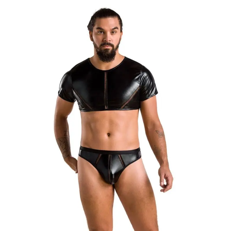 Комплект мужского белья под латекс Passion 057 SET PETER L/XL Black, кроп-топ, стринги