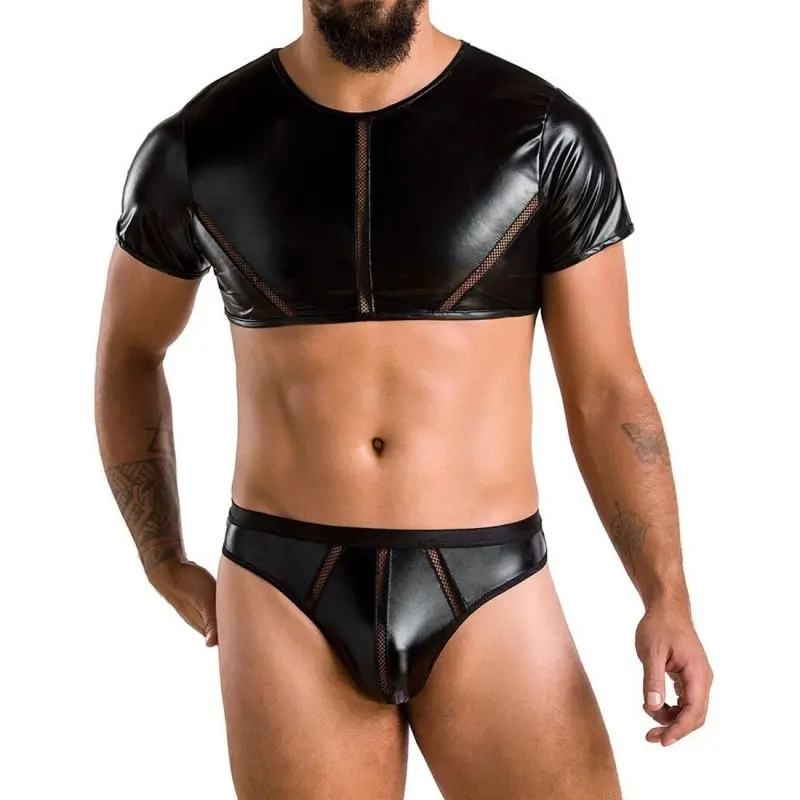 Комплект мужского белья под латекс Passion 057 SET PETER L/XL Black, кроп-топ, стринги
