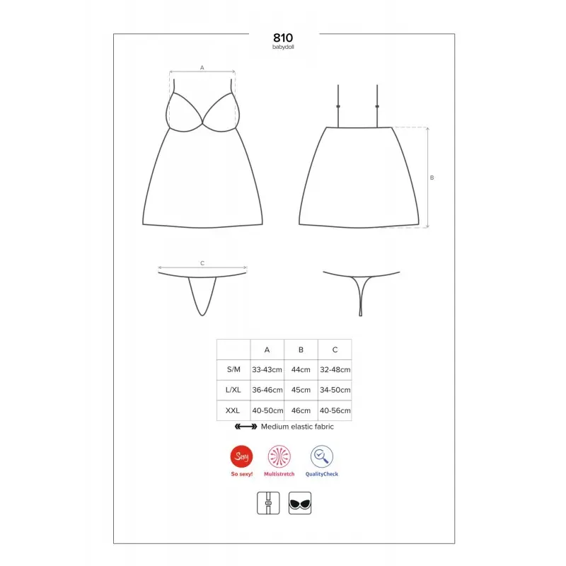 Сатиновый пеньюар с кружевом Obsessive 810-BAB-1 babydoll & thong L/XL, черный, пеньюар, танга