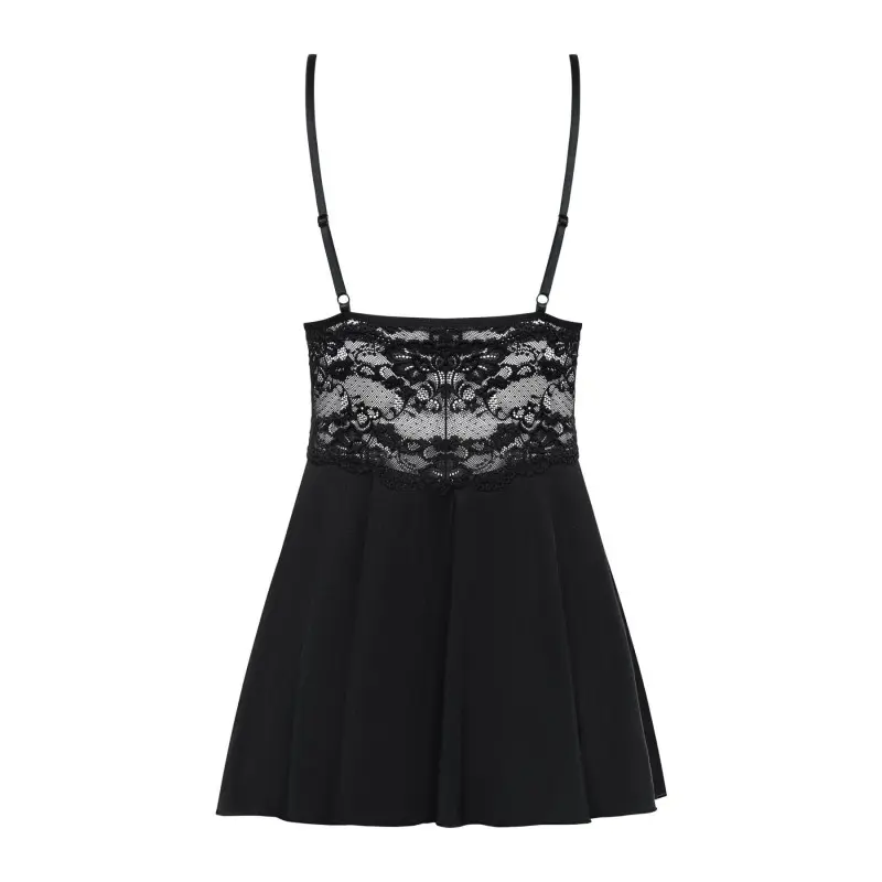 Сатиновый пеньюар с кружевом Obsessive 810-BAB-1 babydoll & thong L/XL, черный, пеньюар, танга