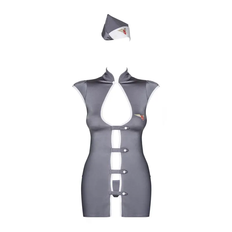 Эротический костюм стюардессы Obsessive Stewardess 3 pcs costume grey L/XL, серый, платье, стринги,