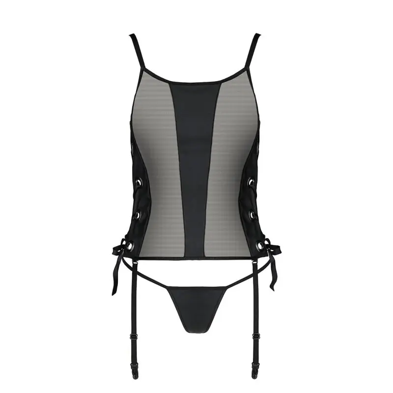 Сетчатый корсет с люверсами и съемными пажами Passion MALWIA CORSET L/XL, black, эко-кожа, стринги