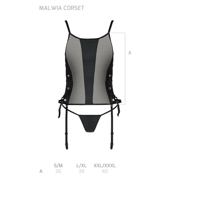 Сетчатый корсет с люверсами и съемными пажами Passion MALWIA CORSET L/XL, black, эко-кожа, стринги