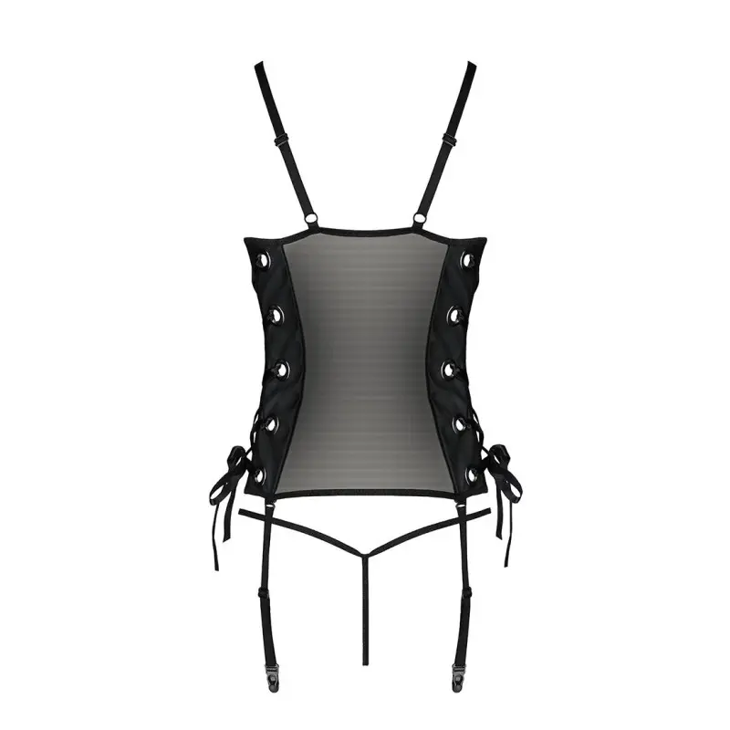 Сетчатый корсет с люверсами и съемными пажами Passion MALWIA CORSET L/XL, black, эко-кожа, стринги
