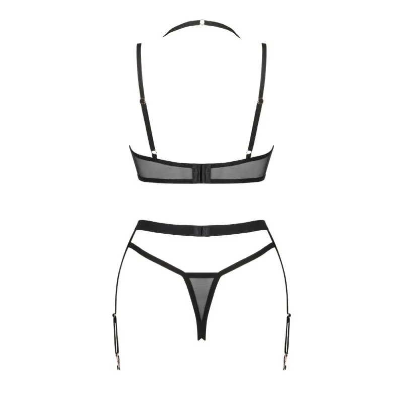 Комплект белья Obsessive Selinne 3-pcs set XL/2XL Black, бюстгальтер, стринги пояс для чулок