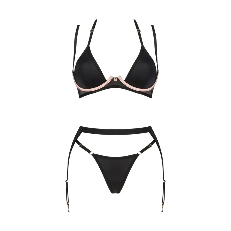Комплект белья Obsessive Selinne 3-pcs set XL/2XL Black, бюстгальтер, стринги пояс для чулок