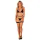 Комплект белья Obsessive Selinne 3-pcs set XL/2XL Black, бюстгальтер, стринги пояс для чулок