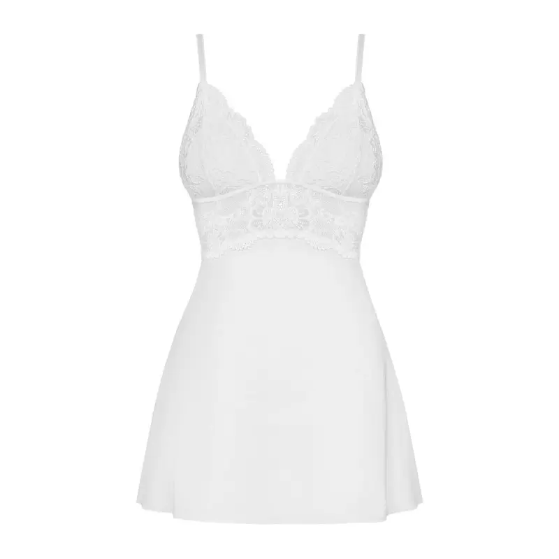 Сатиновый пеньюар с кружевом Obsessive 810-BAB-2 babydoll & thong S/M, белый, пеньюар, танга