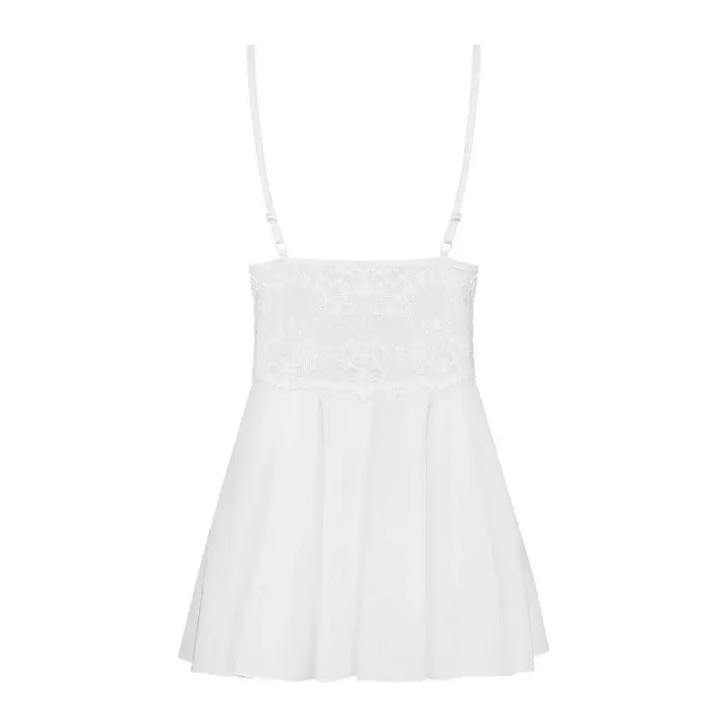 Сатиновый пеньюар с кружевом Obsessive 810-BAB-2 babydoll & thong S/M, белый, пеньюар, танга