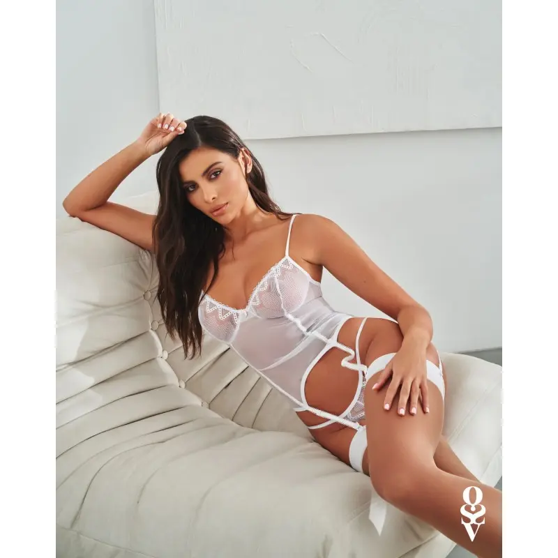 Корсет Obsessive Alissium corset & thong, XL/2XL, гибкие косточки, открытая спина, стринги в комплек