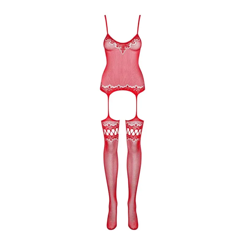 Бодистокинг Obsessive Bodystocking F214 red S/M/L, имитация корсета и чулок на подвязках
