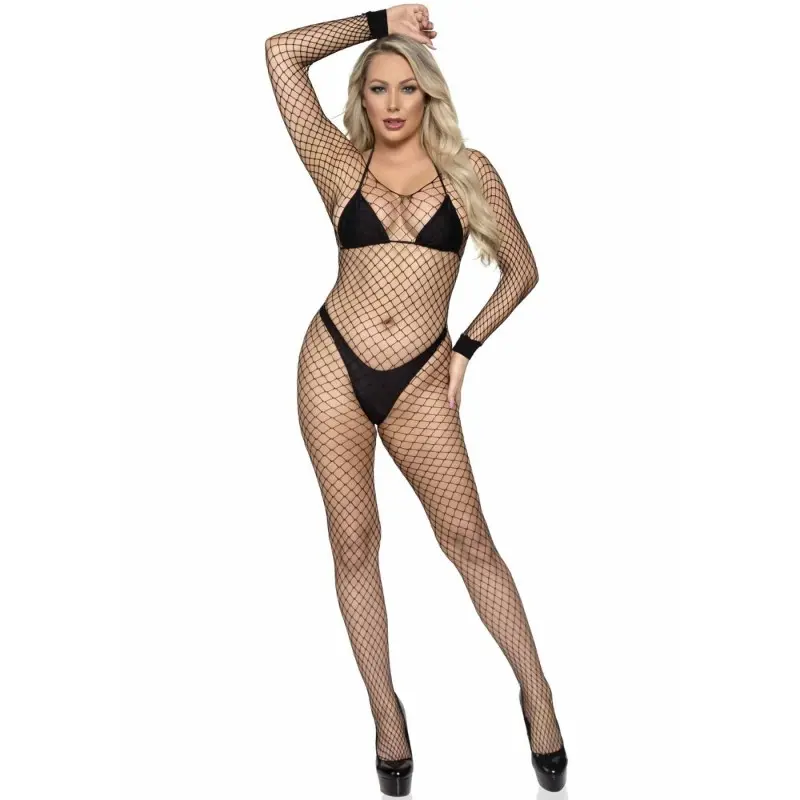 Бодистокинг в крупную сетку Leg Avenue Long Sleeved Bodystocking One size Black, длинный рукав