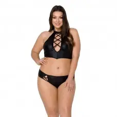 Комплект из экокожи Passion NANACY BIKINI 4XL/5XL black, бра и трусики с имитацией шнуровки