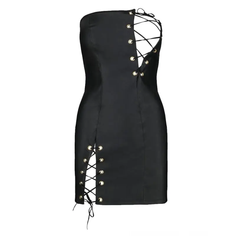 Мини-платье из экокожи Passion CELINE CHEMISE 6XL/7XL, black, шнуровка, трусики в комплекте