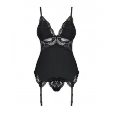 Сатиновий мереживний корсет Obsessive 810-COR-1 babydoll & thong S/M, чорний, корсет, танга