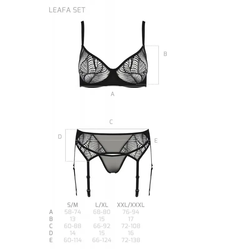 Комплект Passion LEAFA SET black S/M, кружево+сетка, бюстгальтер на косточках, стринги, пояс для чулок