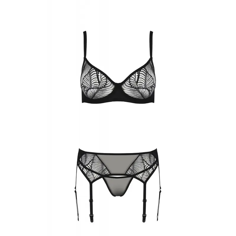 Комплект Passion LEAFA SET black S/M, кружево+сетка, бюстгальтер на косточках, стринги, пояс для чулок