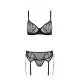 Комплект Passion LEAFA SET black S/M, кружево+сетка, бюстгальтер на косточках, стринги, пояс для чулок