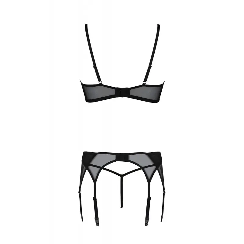 Комплект Passion LEAFA SET black S/M, кружево+сетка, бюстгальтер на косточках, стринги, пояс для чулок