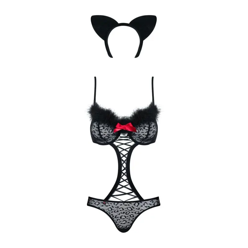 Эротический костюм гепарда Obsessive Gepardina 3 pcs costume L/XL, черный, меховая отделка, монокини