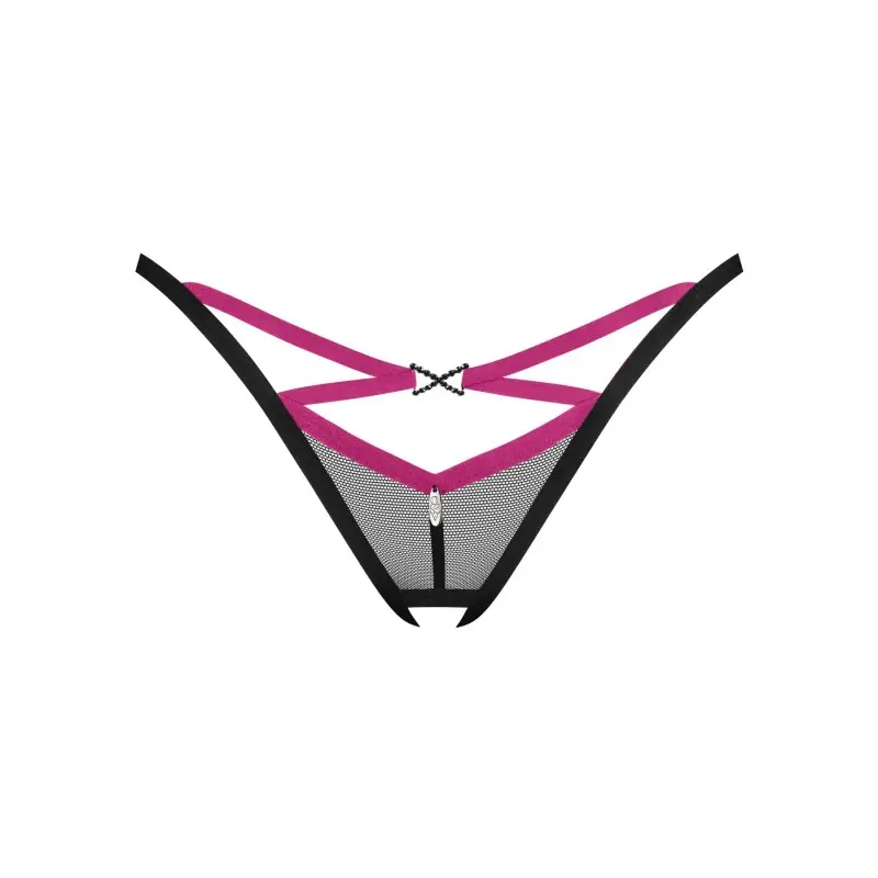 Трусики-стринги Obsessive Novenes crotchless thong, XL/2XL, сетка, стрепы, украшение со стразами, от