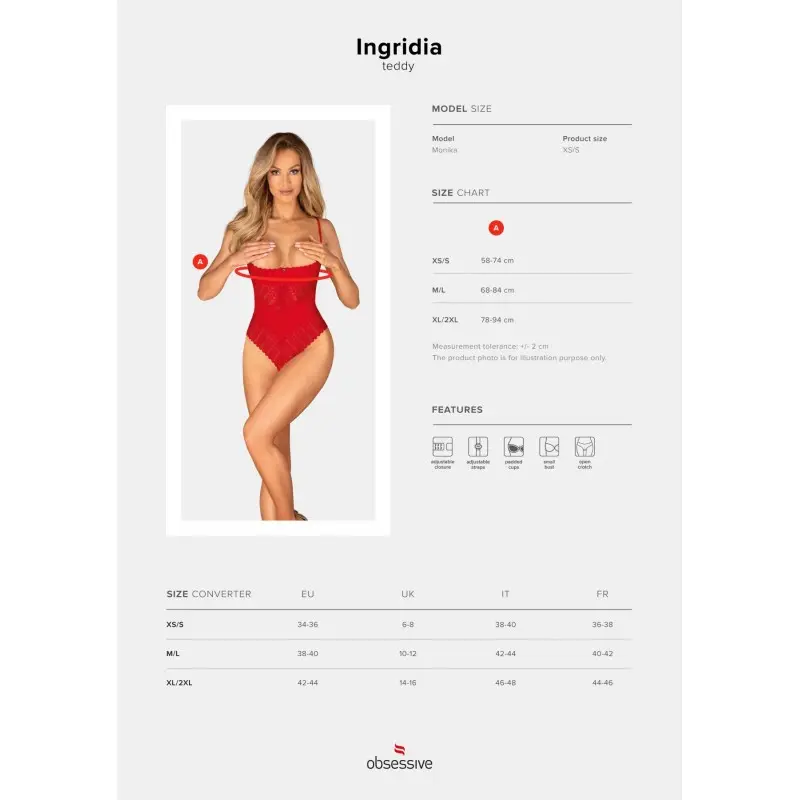 Боди с доступом Obsessive Ingridia crotchless teddy XS/S, красное, открытая грудь